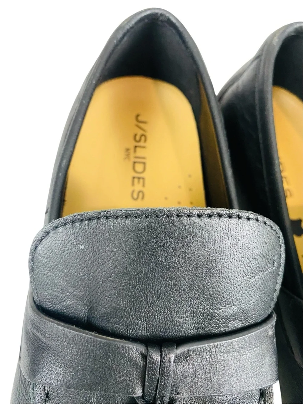 J/SLIDES Black Leather Platform Slip On Loafers Gold Tone Charms Size 8.5